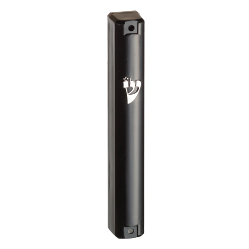 Mezuzah Case - Black with Silver Shin 15cm
