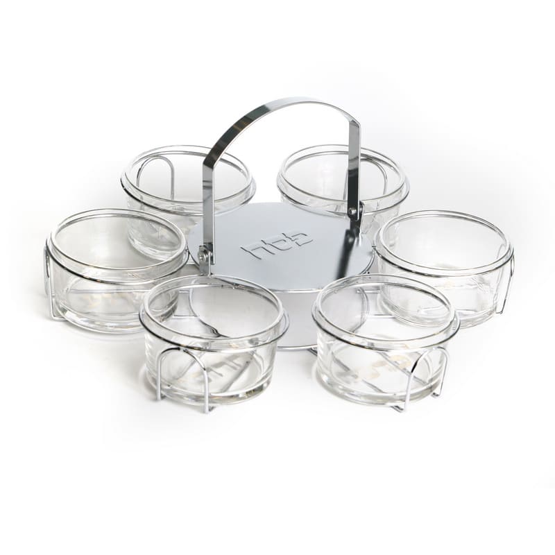 Seder Plate Passover (Pesach) - 6 Glass Bowls on Silver Metal Stand