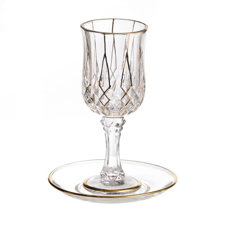 Kiddush Cup - Diamond Glass Cup & Saucer with Gold Trim