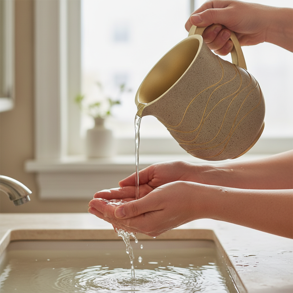 Beige Washing Cup - Netilat Yadayim in Use