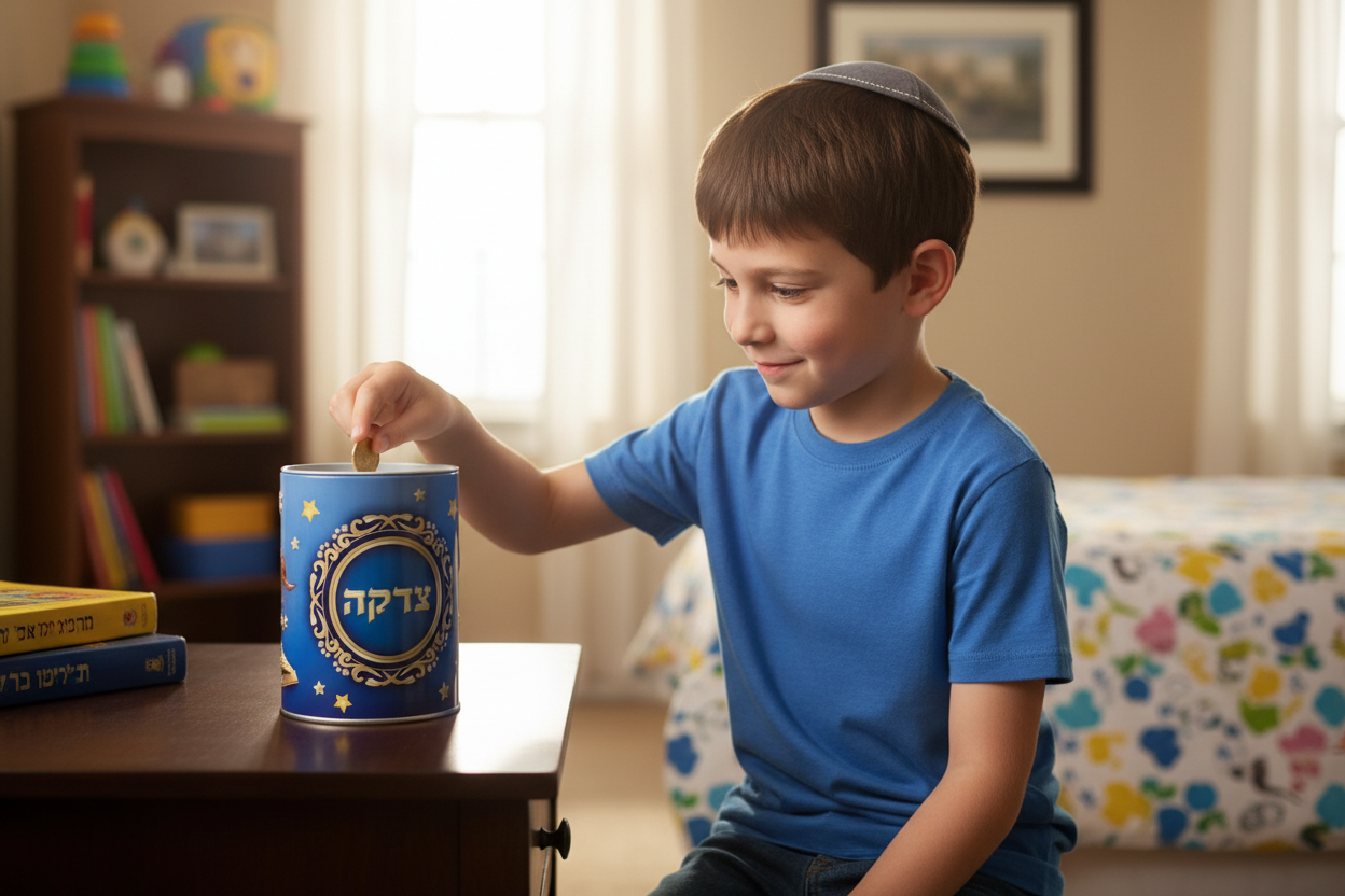 Boy putting coin in Tzedakah box