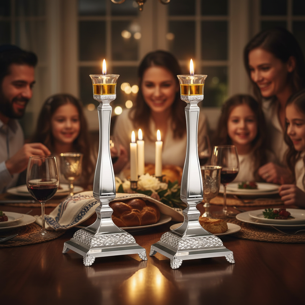 Candlesticks with oil cups lit during Shabbat dinner