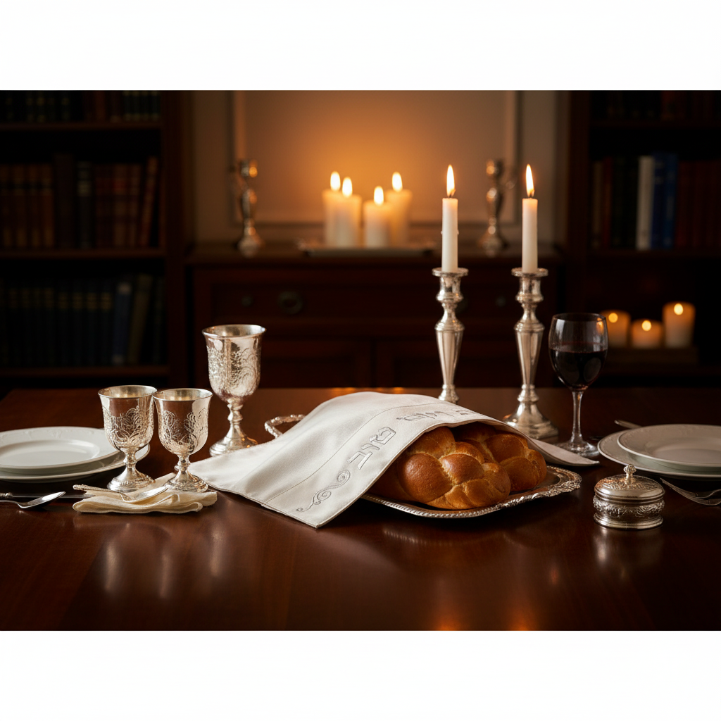 Challah cover with candlelight