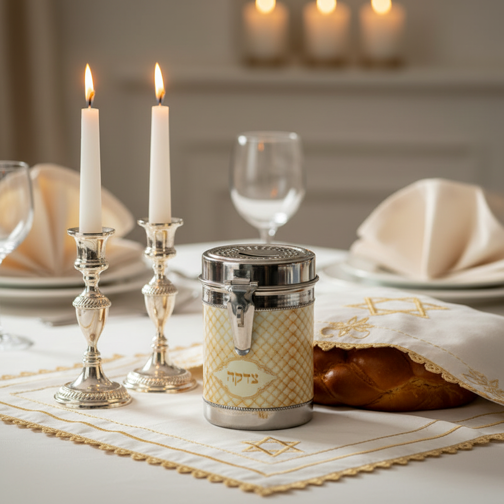 Charity box on Shabbat table