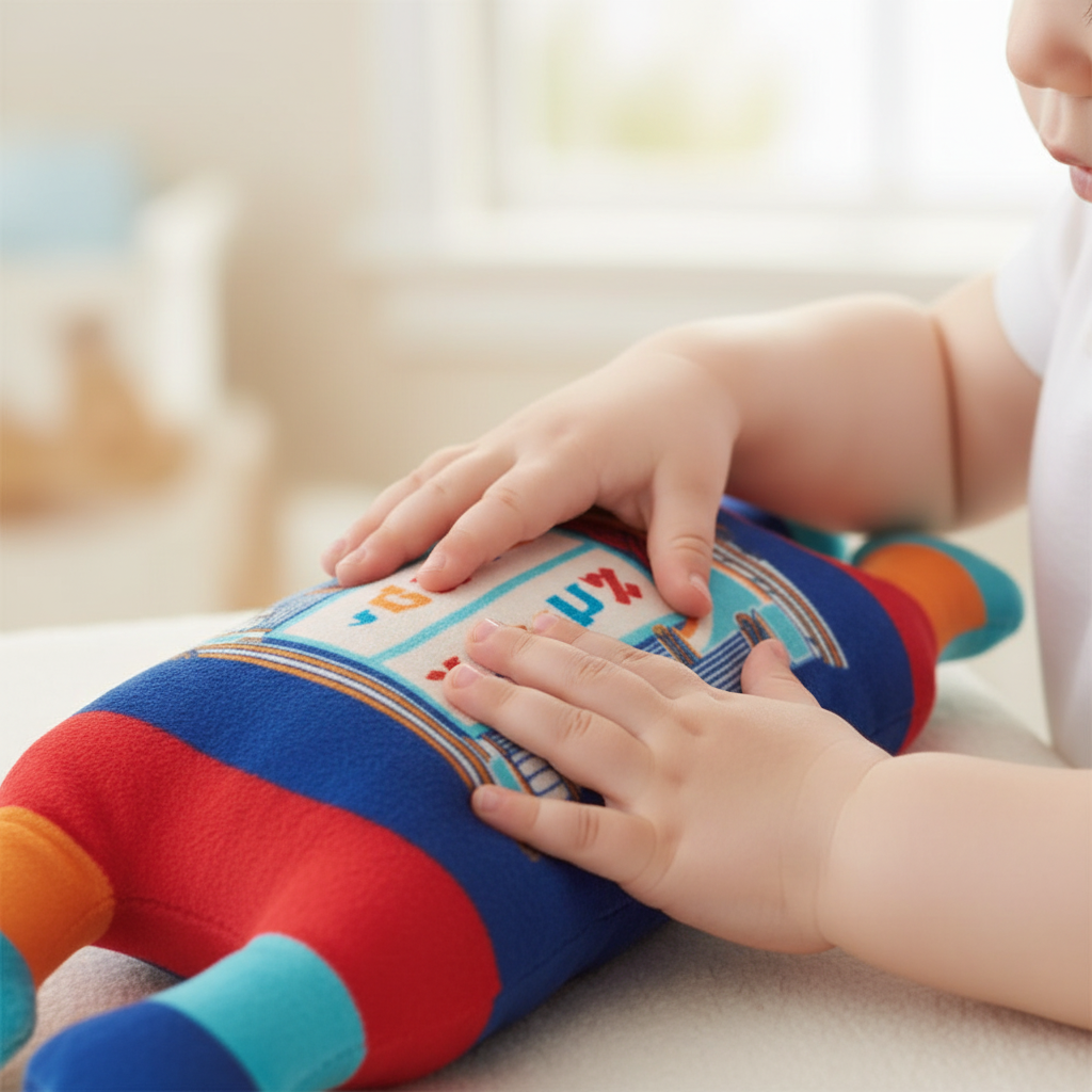Child playing with cloth Torah book