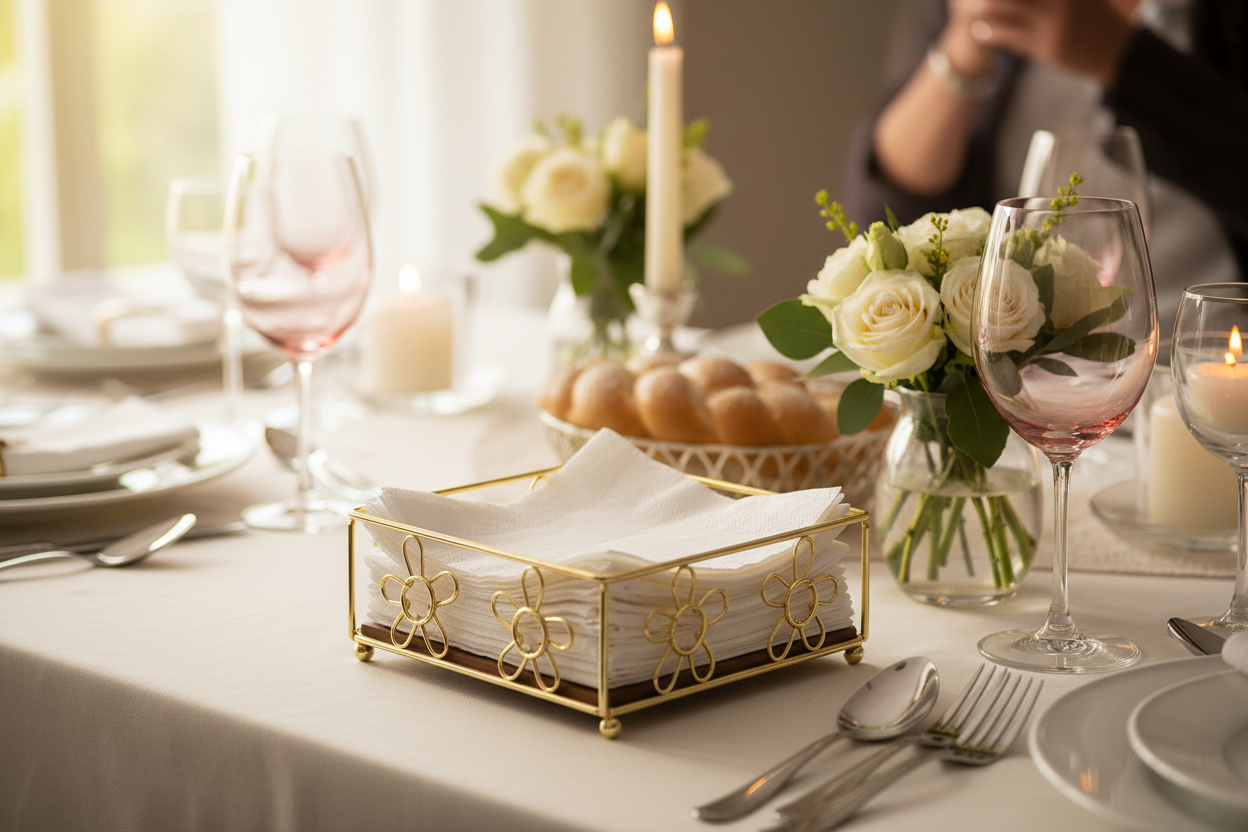 Close-up napkin holder on Shabbat table