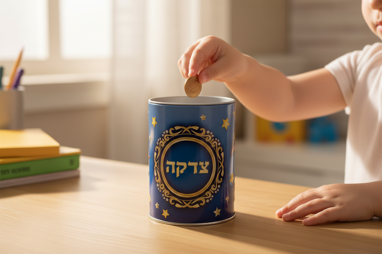 Close-up of hands with Tzedakah box