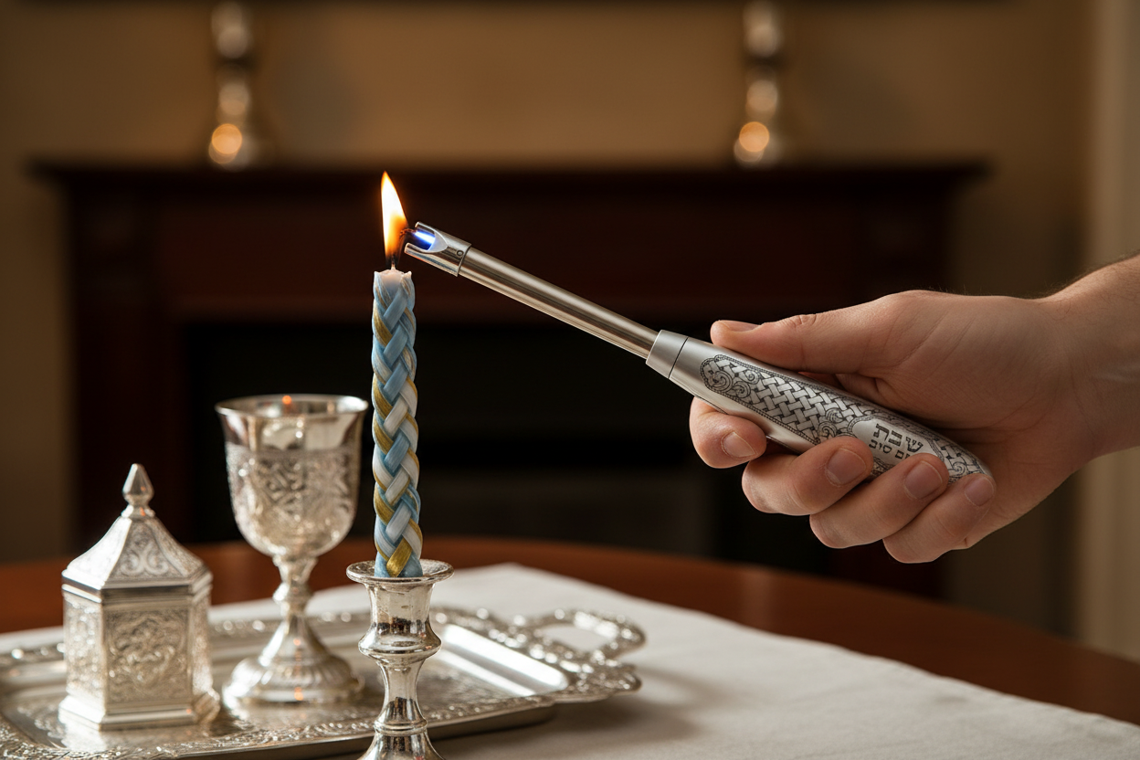 Close-up of lighting Havdalah candle with electric lighter