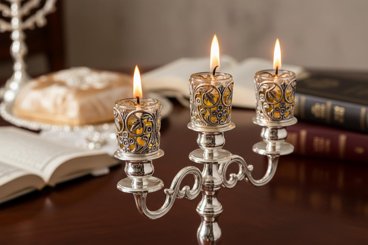 Close-up of lit oil candlesticks