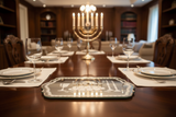 Close-up of silver Shabbat mirror tray centerpiece