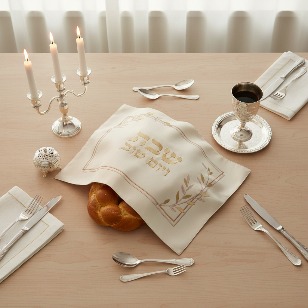 Complete Shabbat table overhead view