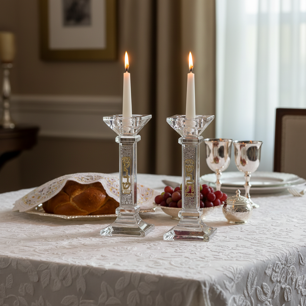 Crystal Candlesticks on Shabbat Table