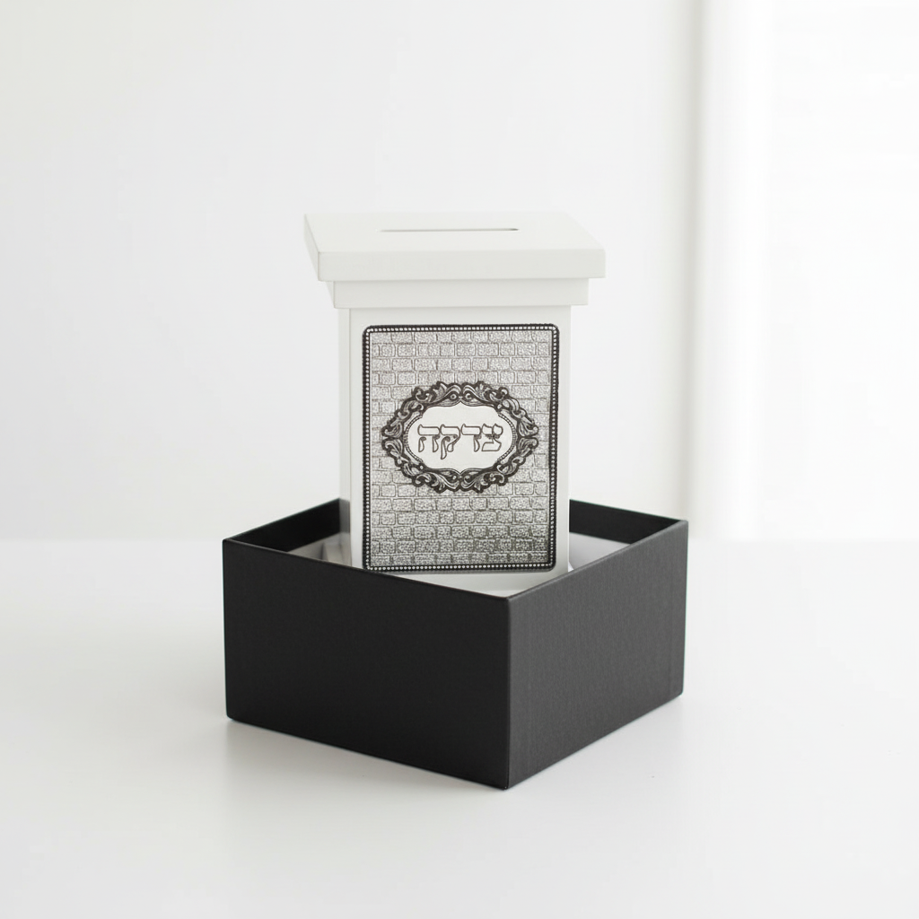 Elegant white tzedakah box with natural lighting
