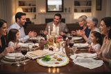 Family Passover celebration with bowl centerpiece