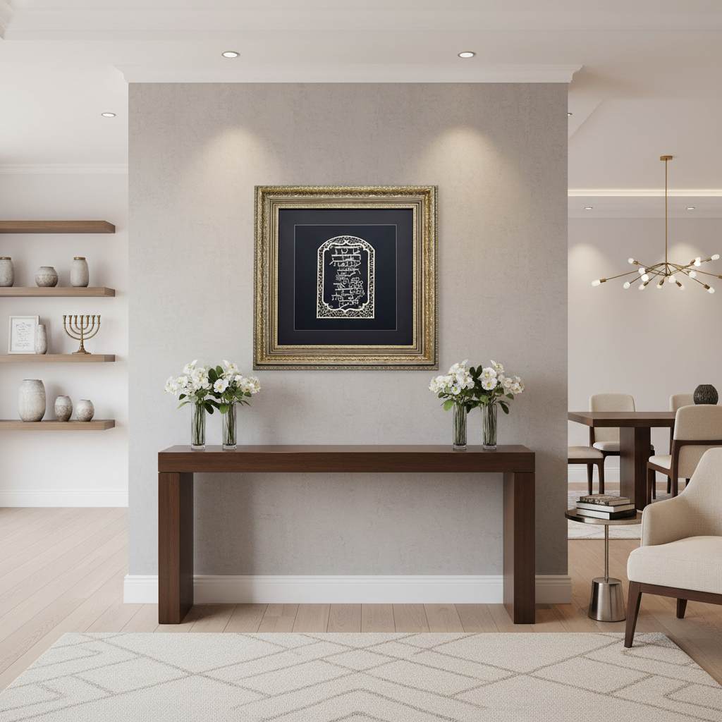Framed Hebrew blessing in modern Jewish home
