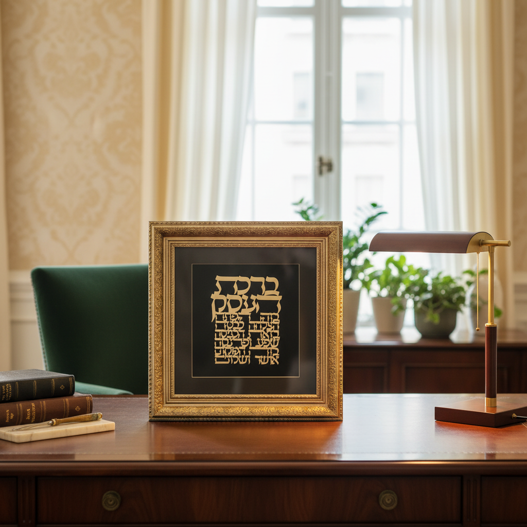Framed Hebrew Business Blessing in elegant setting