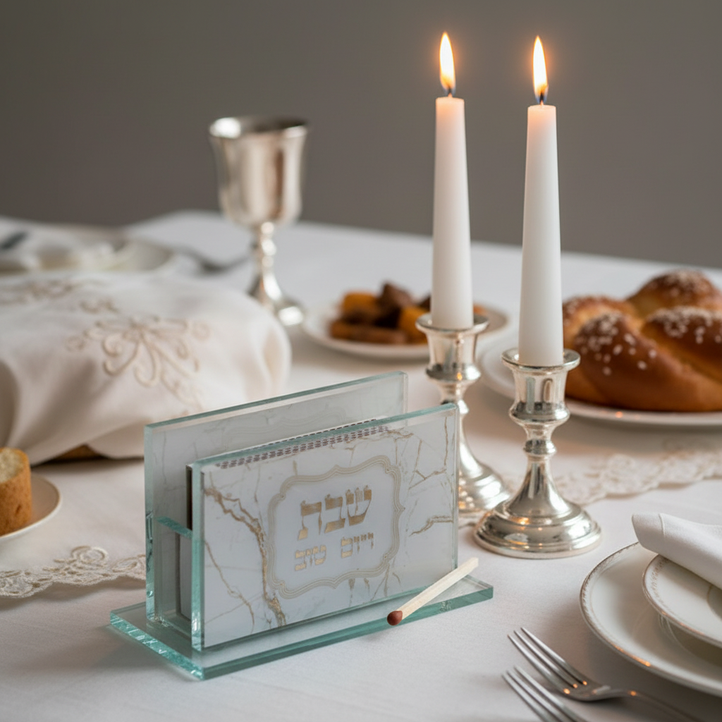 Glass matches holder with matches - Shabbat table lifestyle