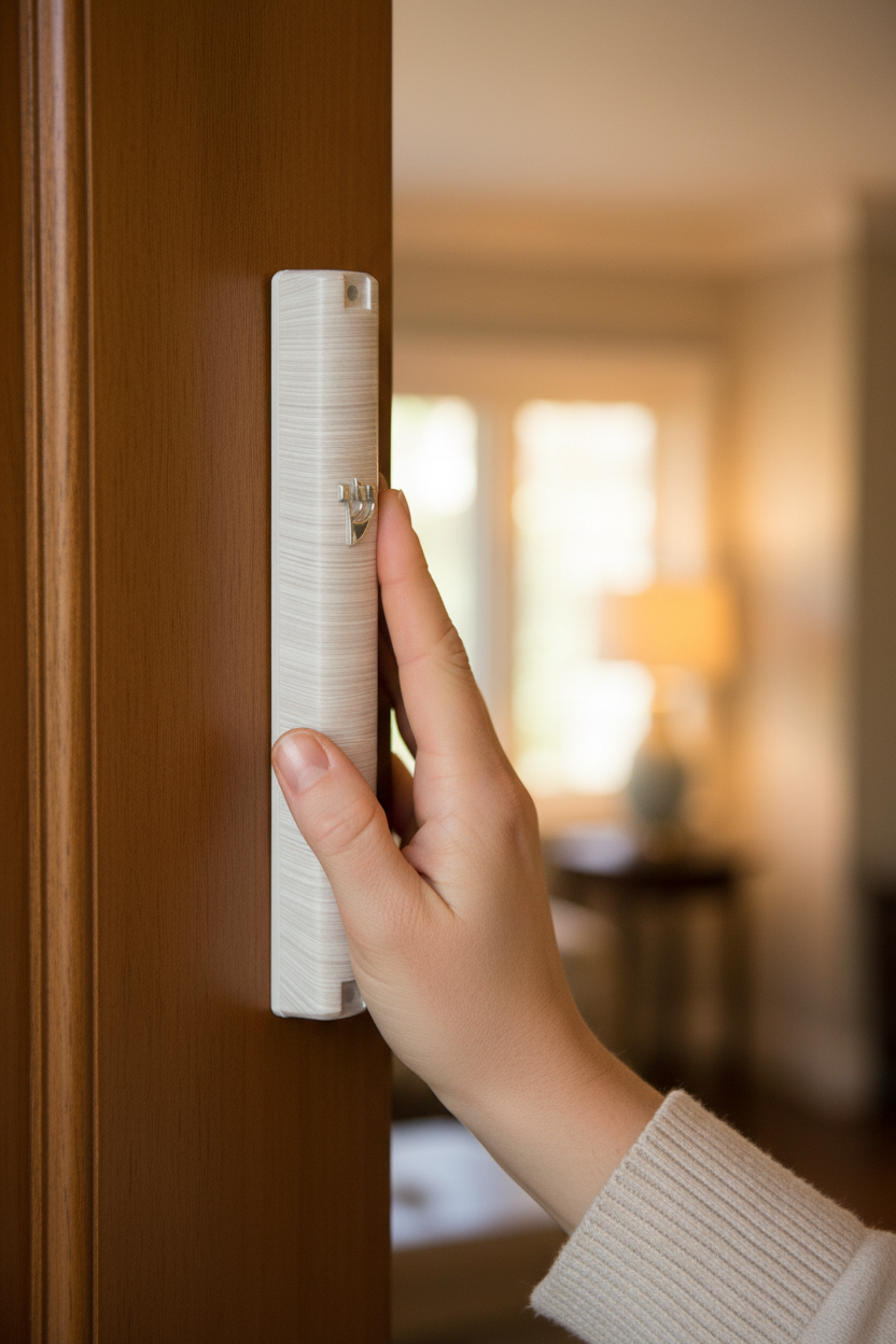 Hand touching mezuzah on doorframe