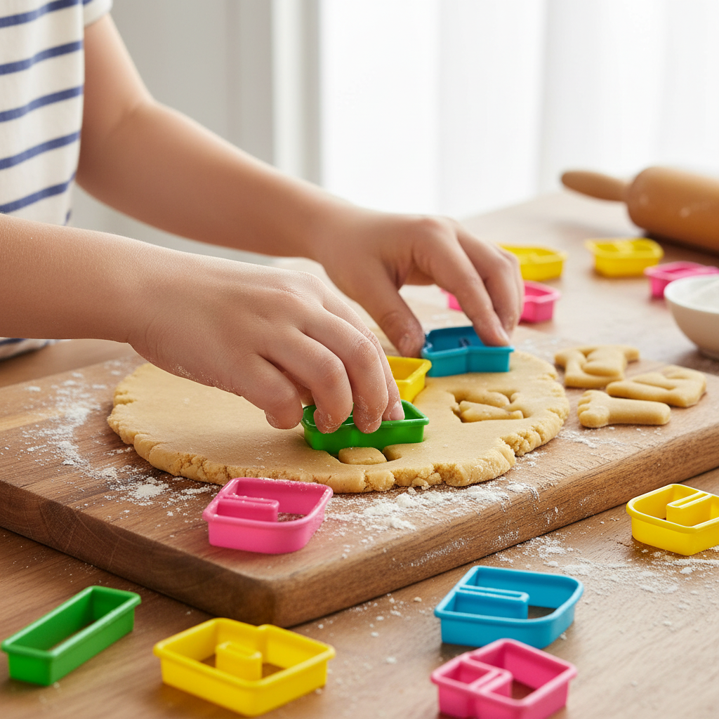 Hands using cookie cutters on dough