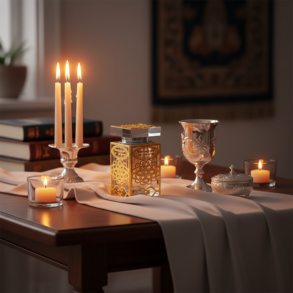Havdalah ceremony setup with crystal perfume stand