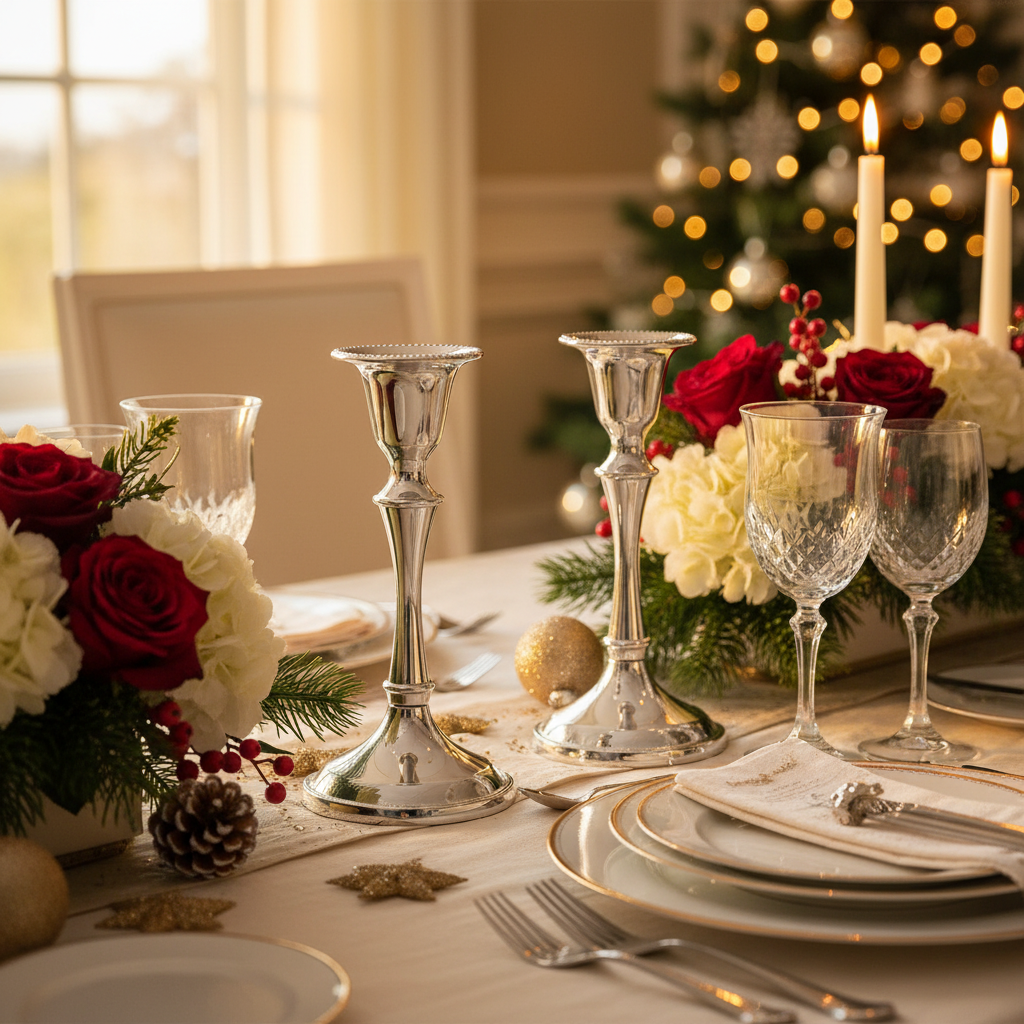 Holiday table close-up with silver candlesticks