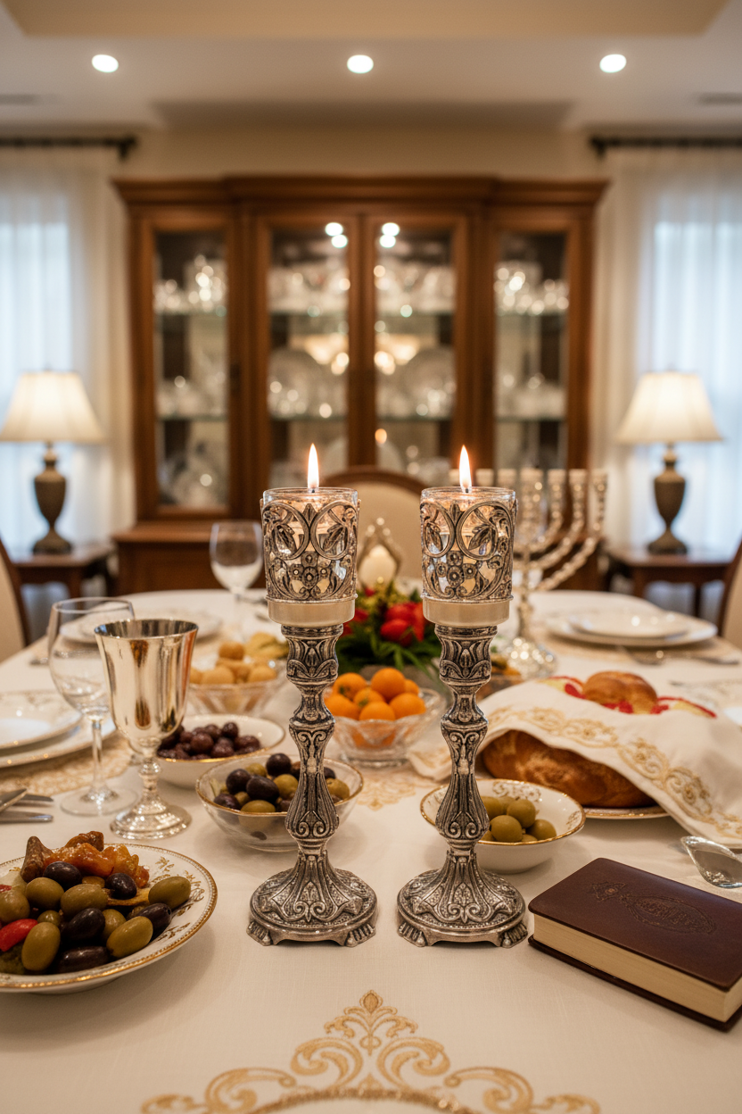 Holiday table with oil candlesticks