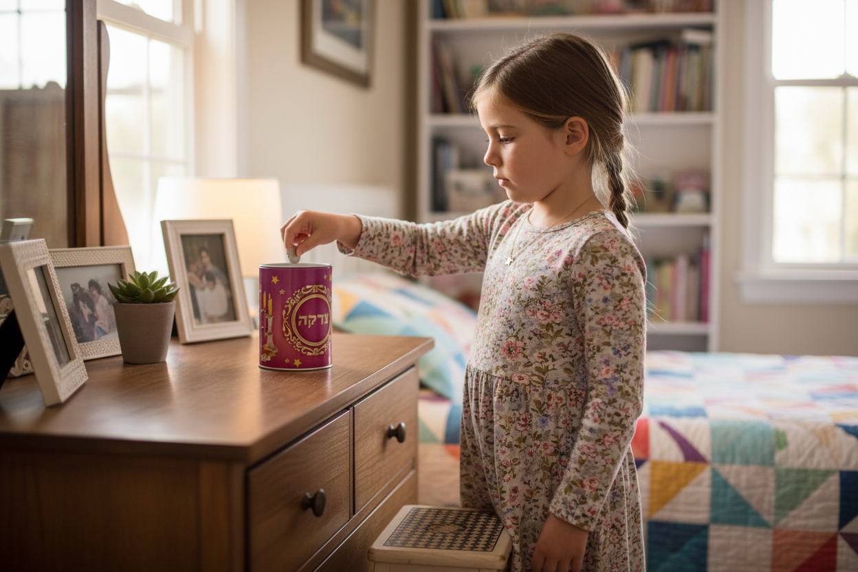 Girl putting tzedakah in pink charity box in her bedroom