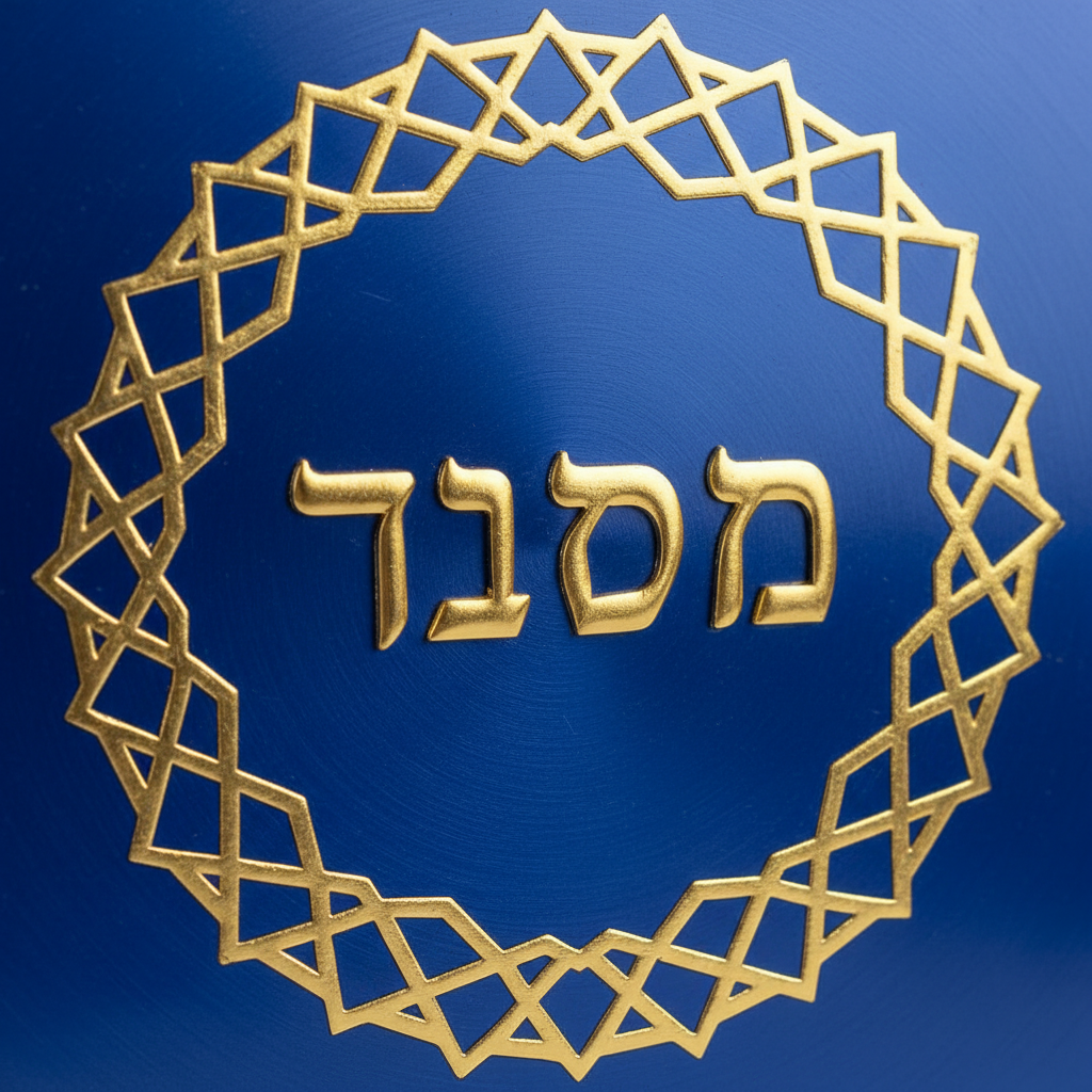 Close-up detail of blue Tzedakah box gold lettering