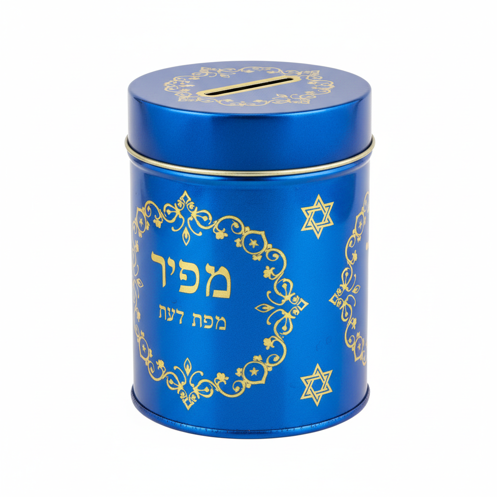 Side view of blue Tzedakah charity box