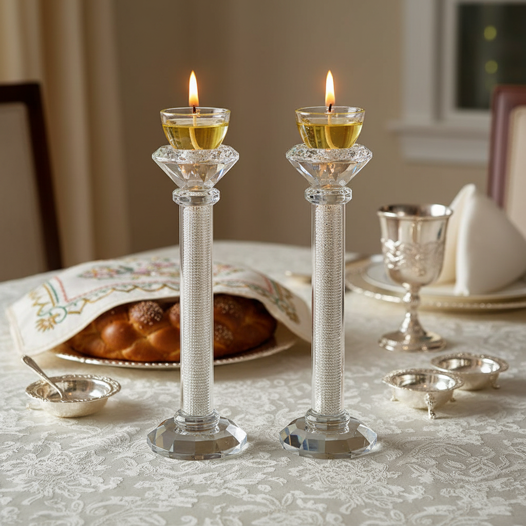 Crystal Candlesticks with Oil Cups and Lit Flames
