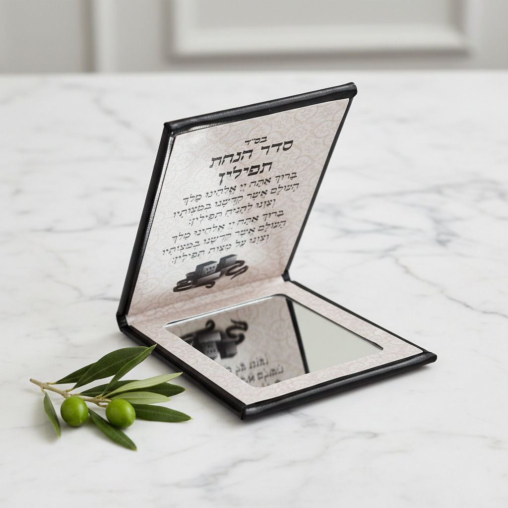 Premium tefilin mirror compact on marble surface with elegant lighting