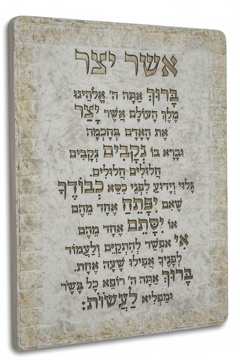 Close-up detail of Hebrew text and polyresin craftsmanship