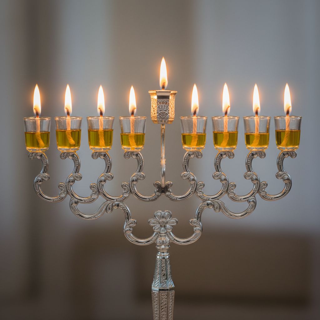 Menorah lit with olive oil cups