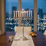 Menorah on festive Hanukkah table
