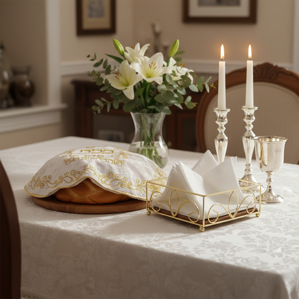 Napkin holder on Shabbat table with challah and candles