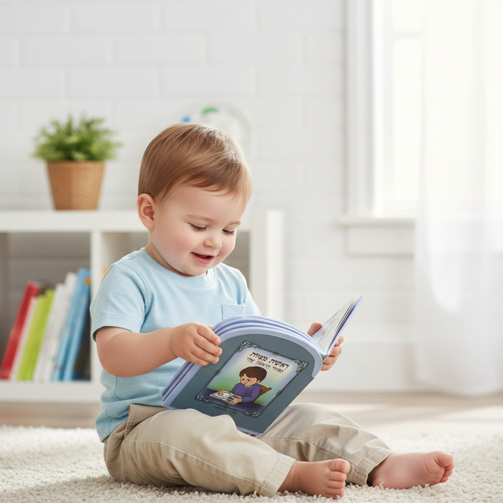 One-year-old boy with My First Siddur Book