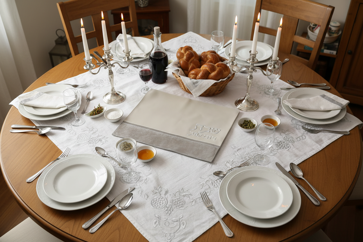 Overhead Shabbat table setting with two-tone cover