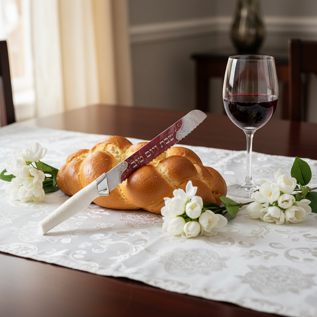 Overhead view of complete Shabbat table setting