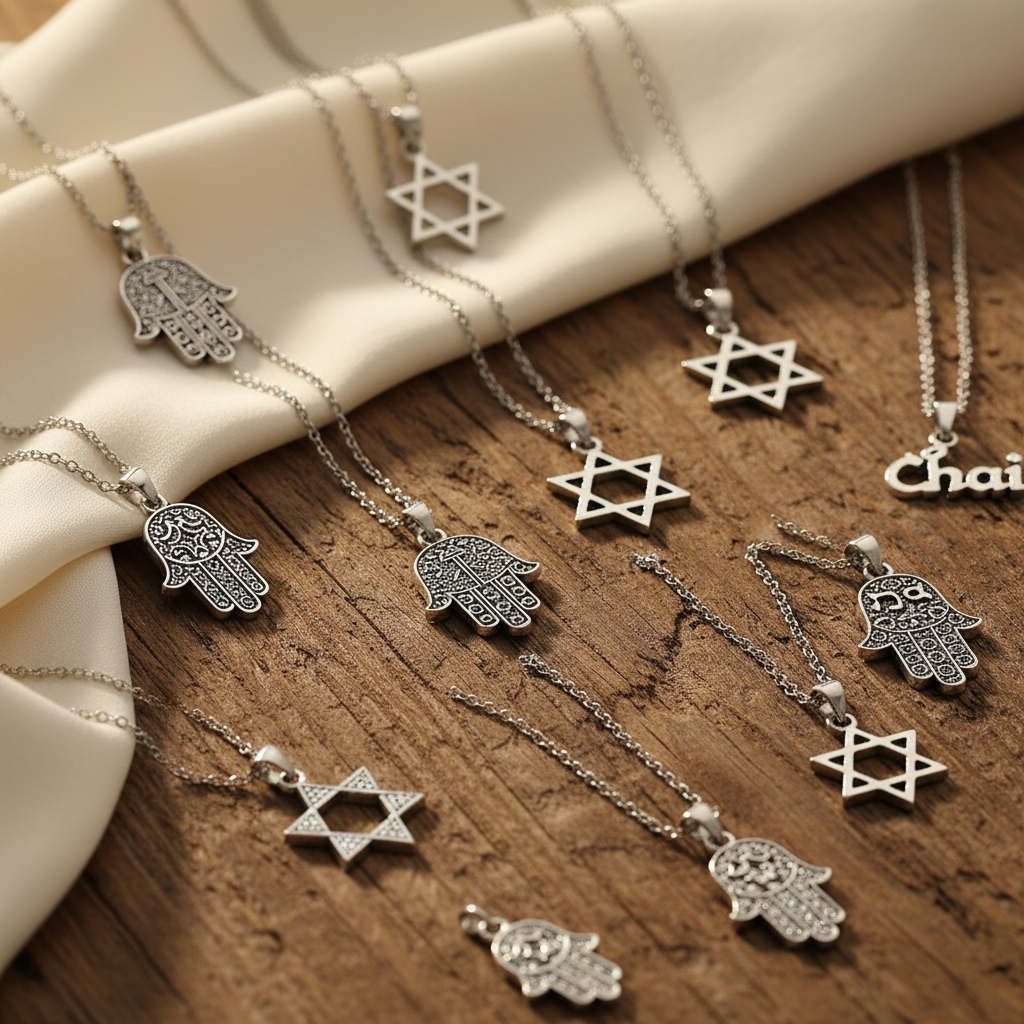 Rhodium pendants on wood