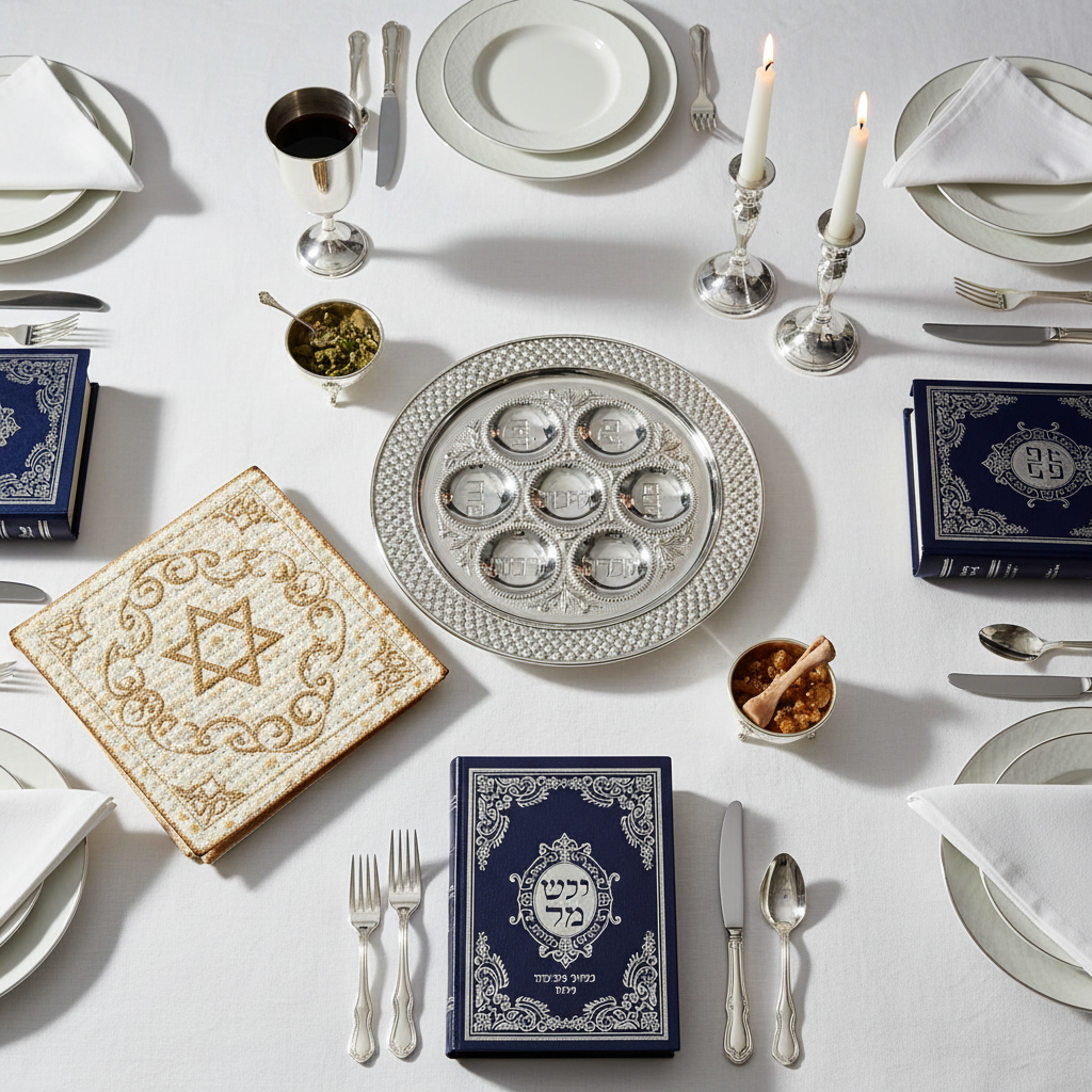 Seder table setting with silver-plated cushion bowl