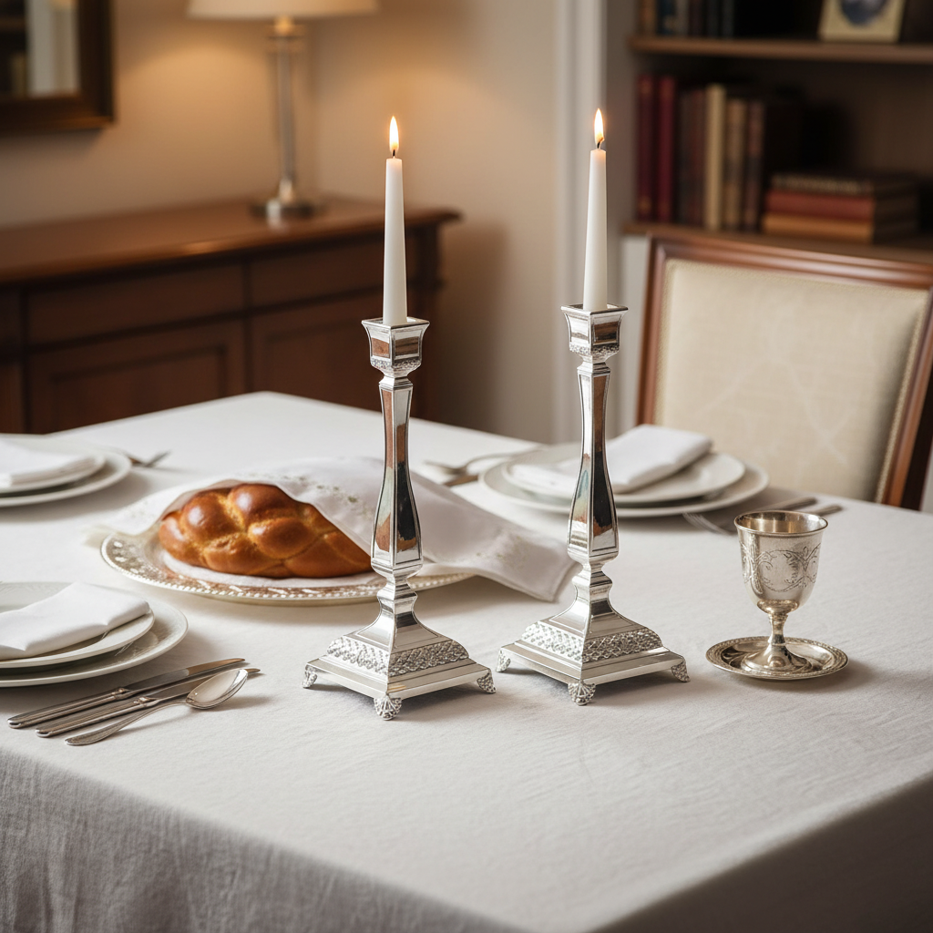 Shabbat table setting with candlesticks