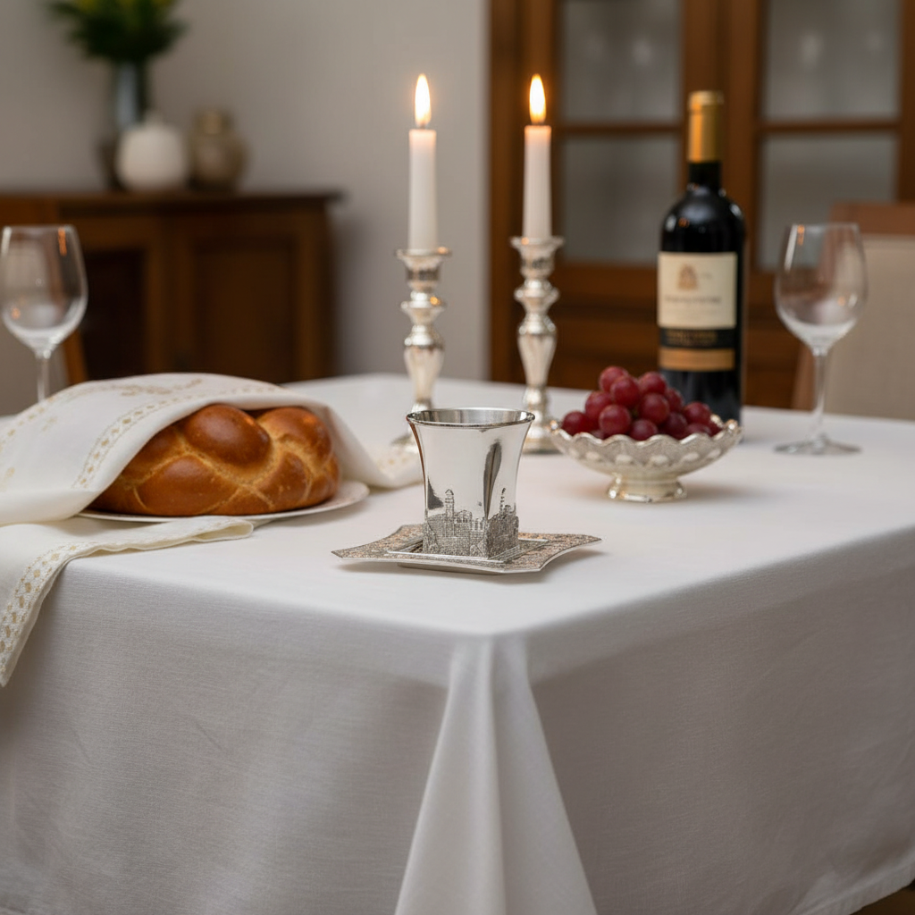 Shabbat table setting with Jerusalem Kiddush cup