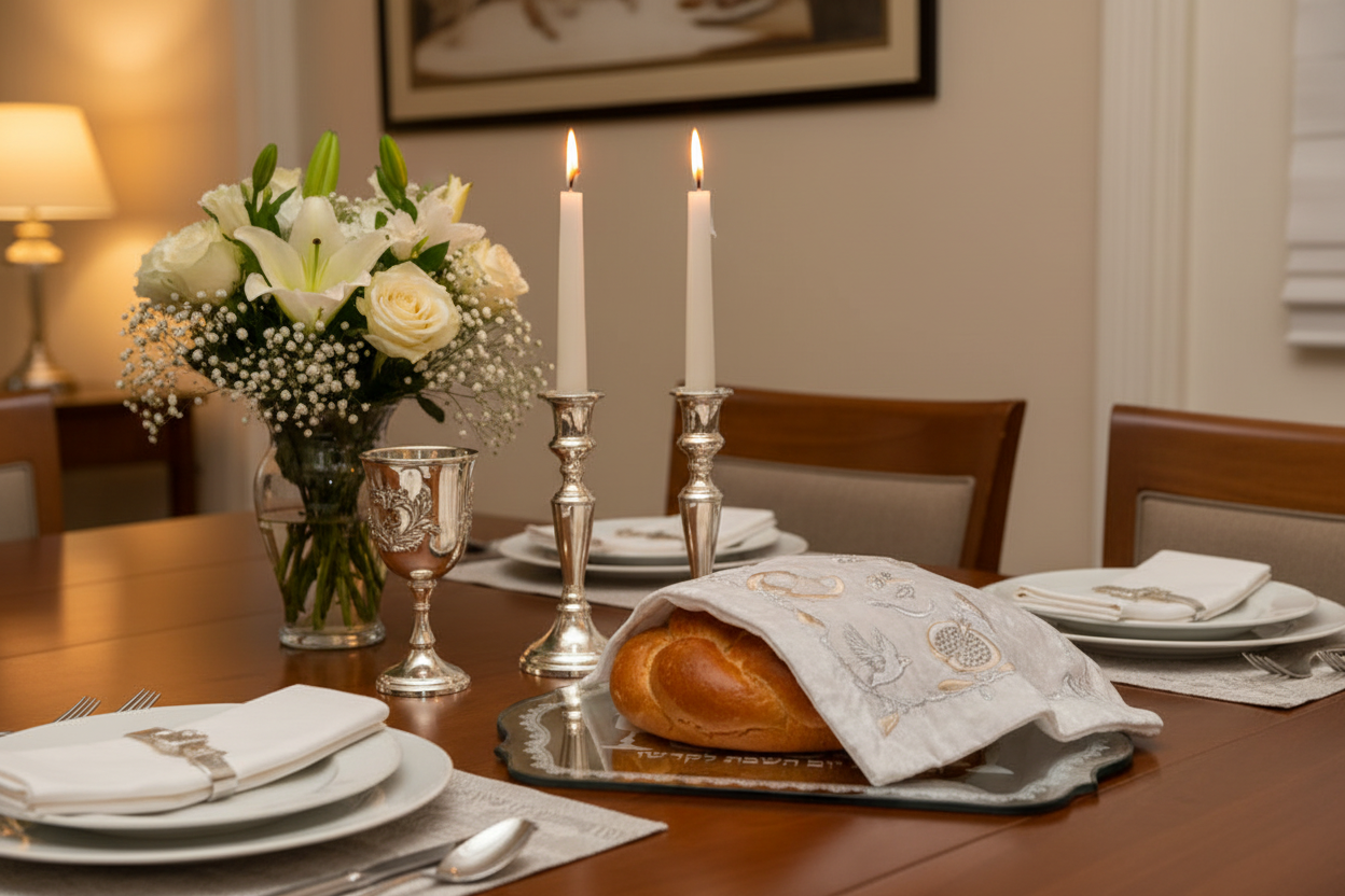 Shabbat table setting with mirror tray and candles