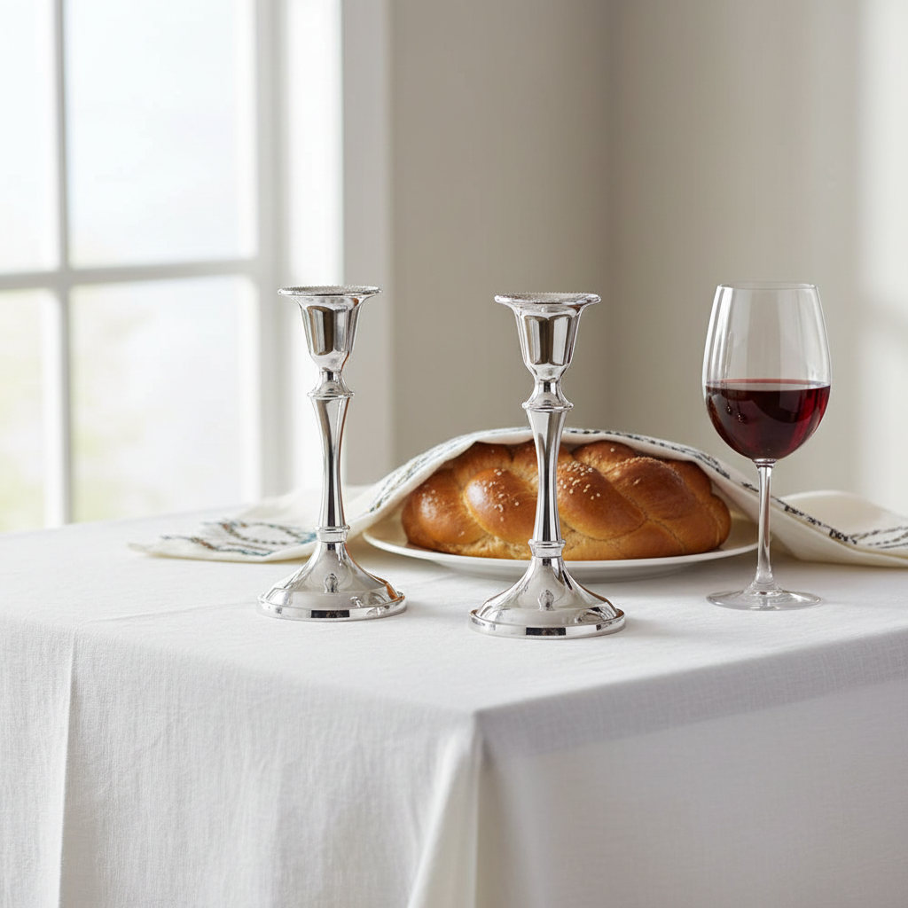 Shabbat table setting with silver candlesticks