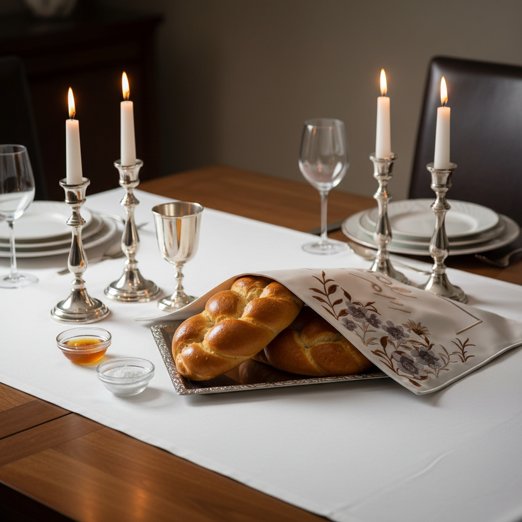 Shabbat table with challah cover