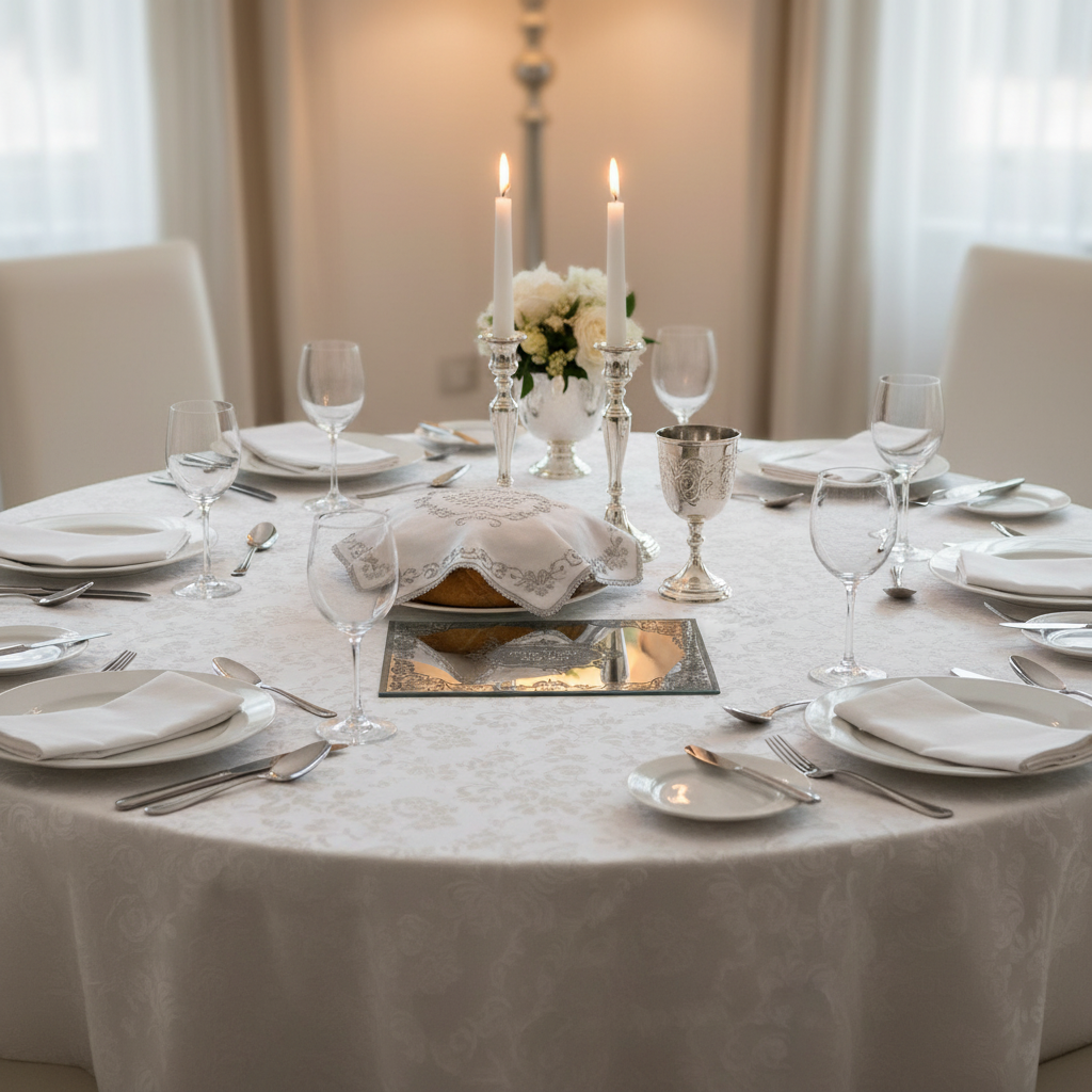 Shabbat table with mirror tray and candles