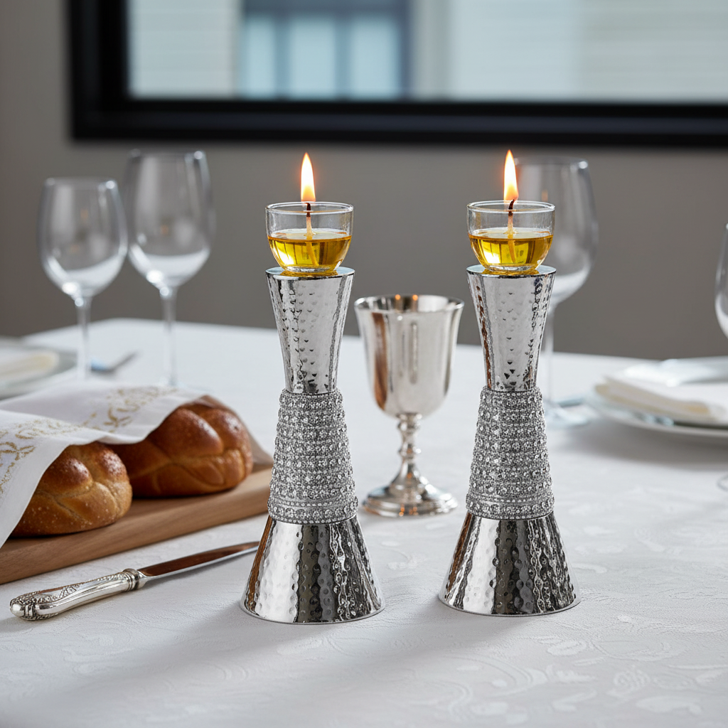 Shabbat table with oil candlesticks
