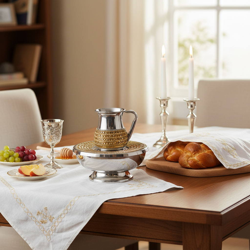 Shabbat table with ritual handwashing set