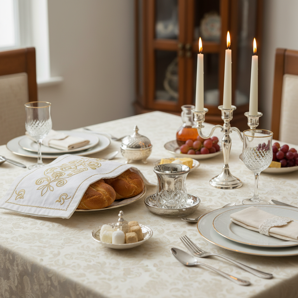 Shabbat Table with Silver-Plated Kiddush Cup