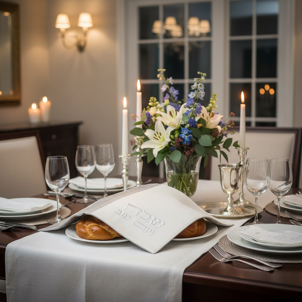 Shabbat table with white and silver Challah cover